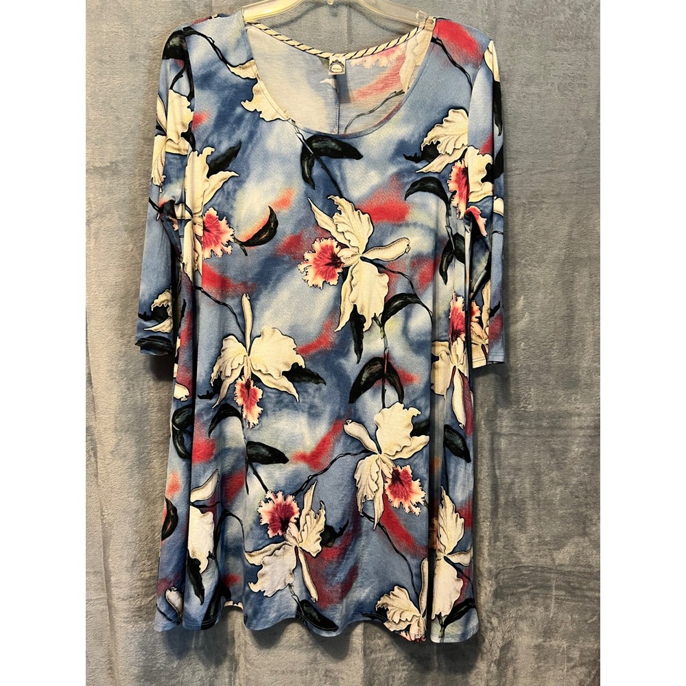 Honeyme Los Angeles Floral Print‎ Tunic Top Blue Red White Size Large USA Made